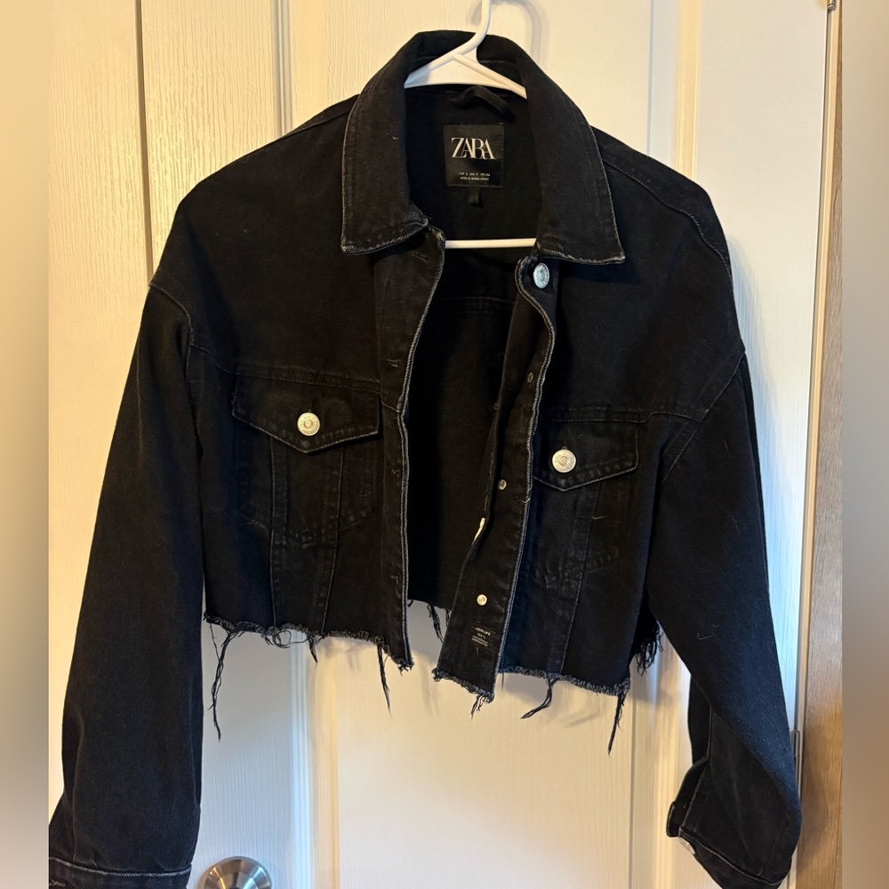 Zara Distressed Black Denim Jacket